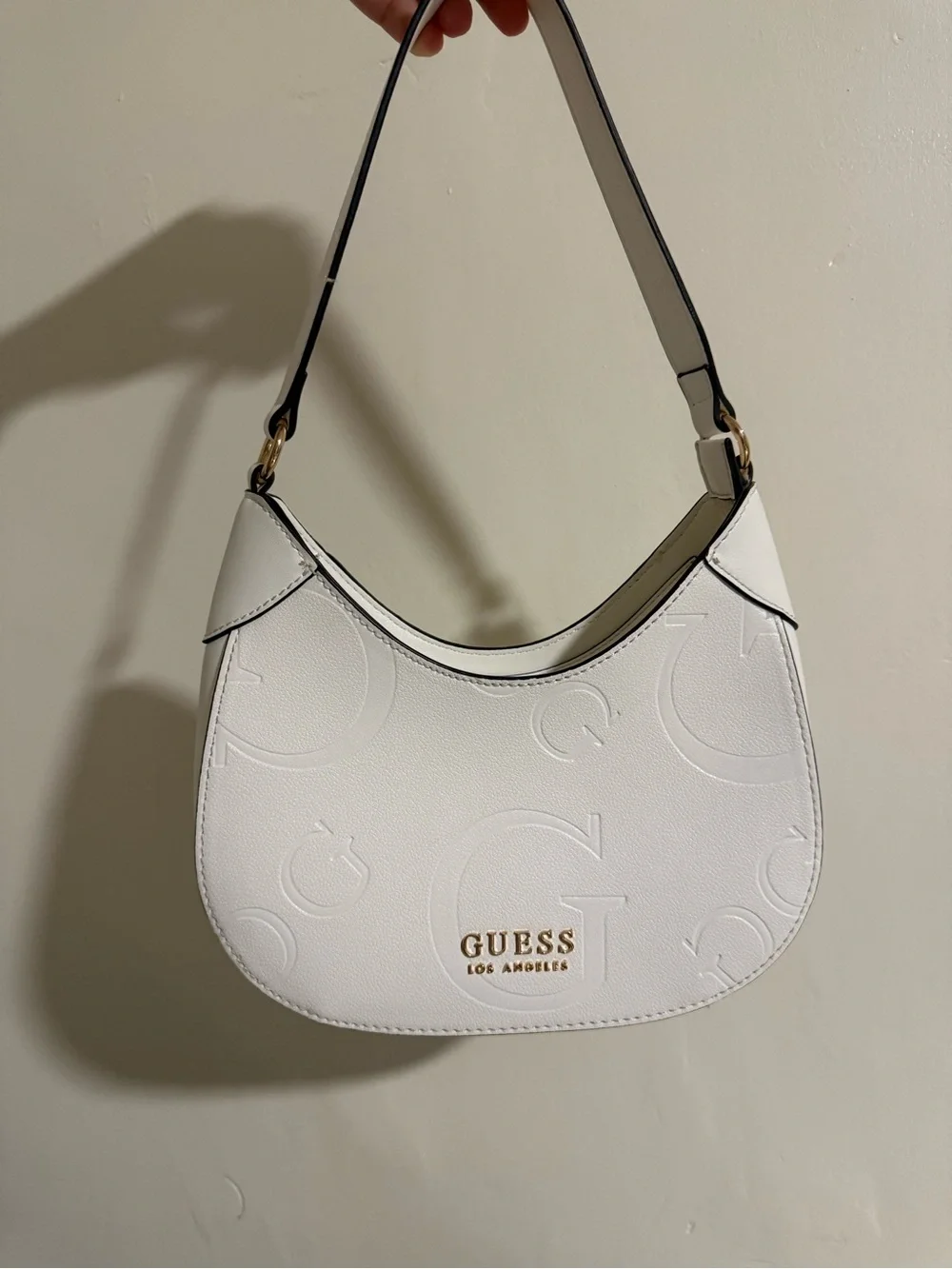 GUESS White Embossed Logo Hobo Shoulder Bag with Gold Hardware